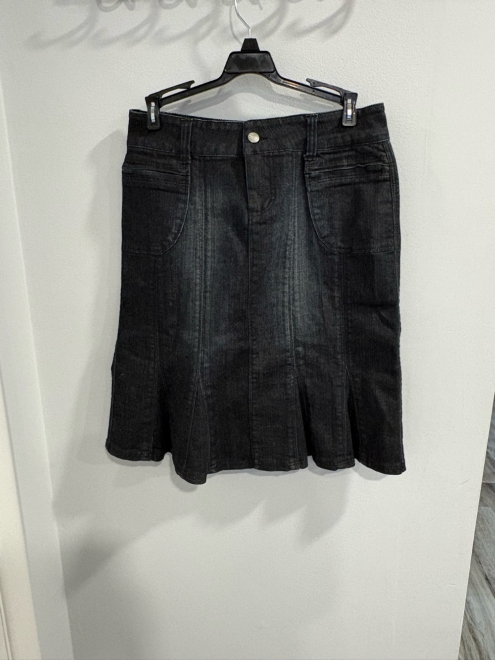 Cache Black Denim Midi Skirt with Flared Paneling